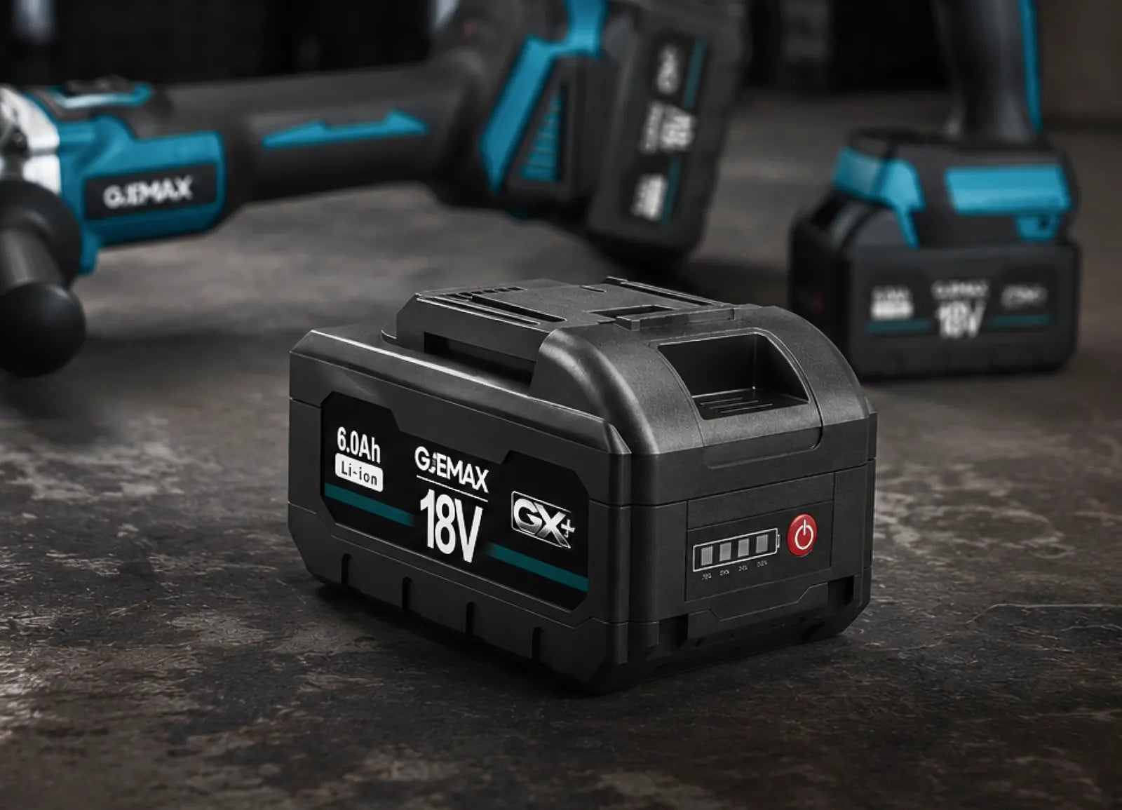 GJEMAX GX+ 18V 6.0Ah Akku – Detailaufnahme des Akkusystems