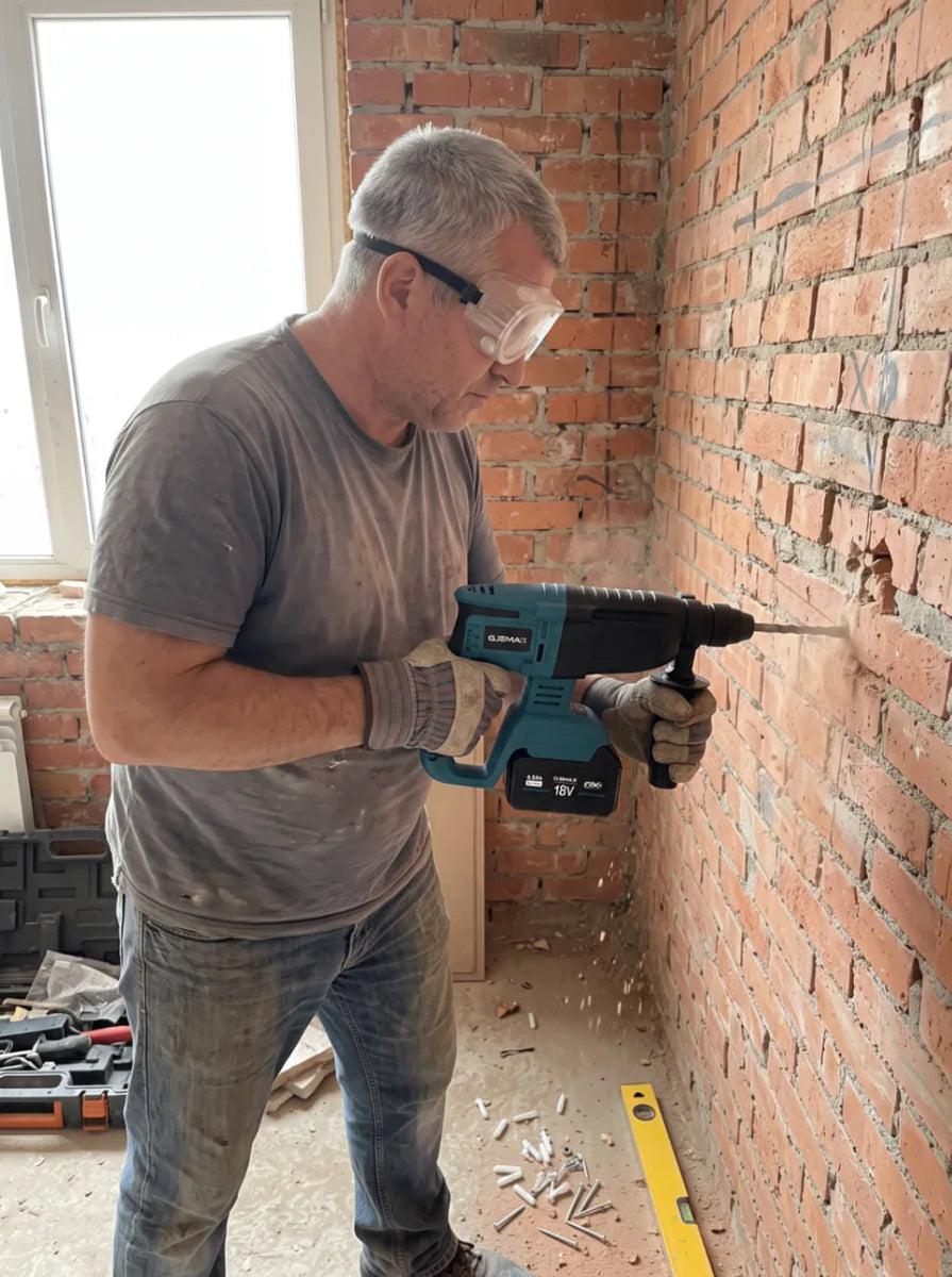 Kunde bohrt mit GJEMAX Bohrhammer in Ziegelwand
