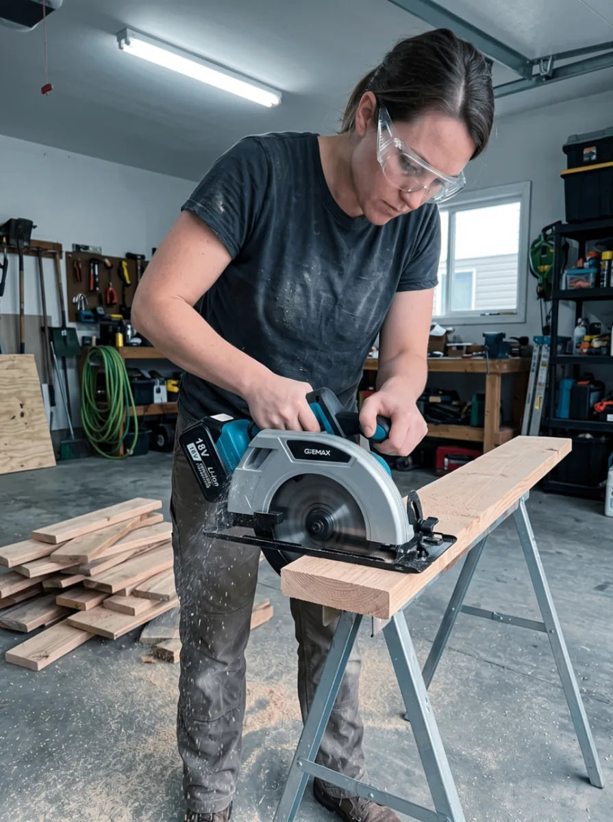 Kundin sägt Holzbohle mit GJEMAX Handkreissäge