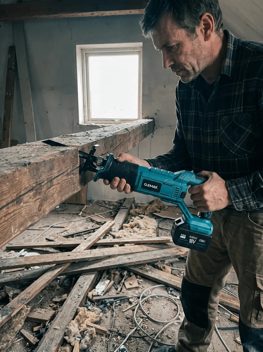 Kunde sägt Holzbalken mit GJEMAX Säbelsäge