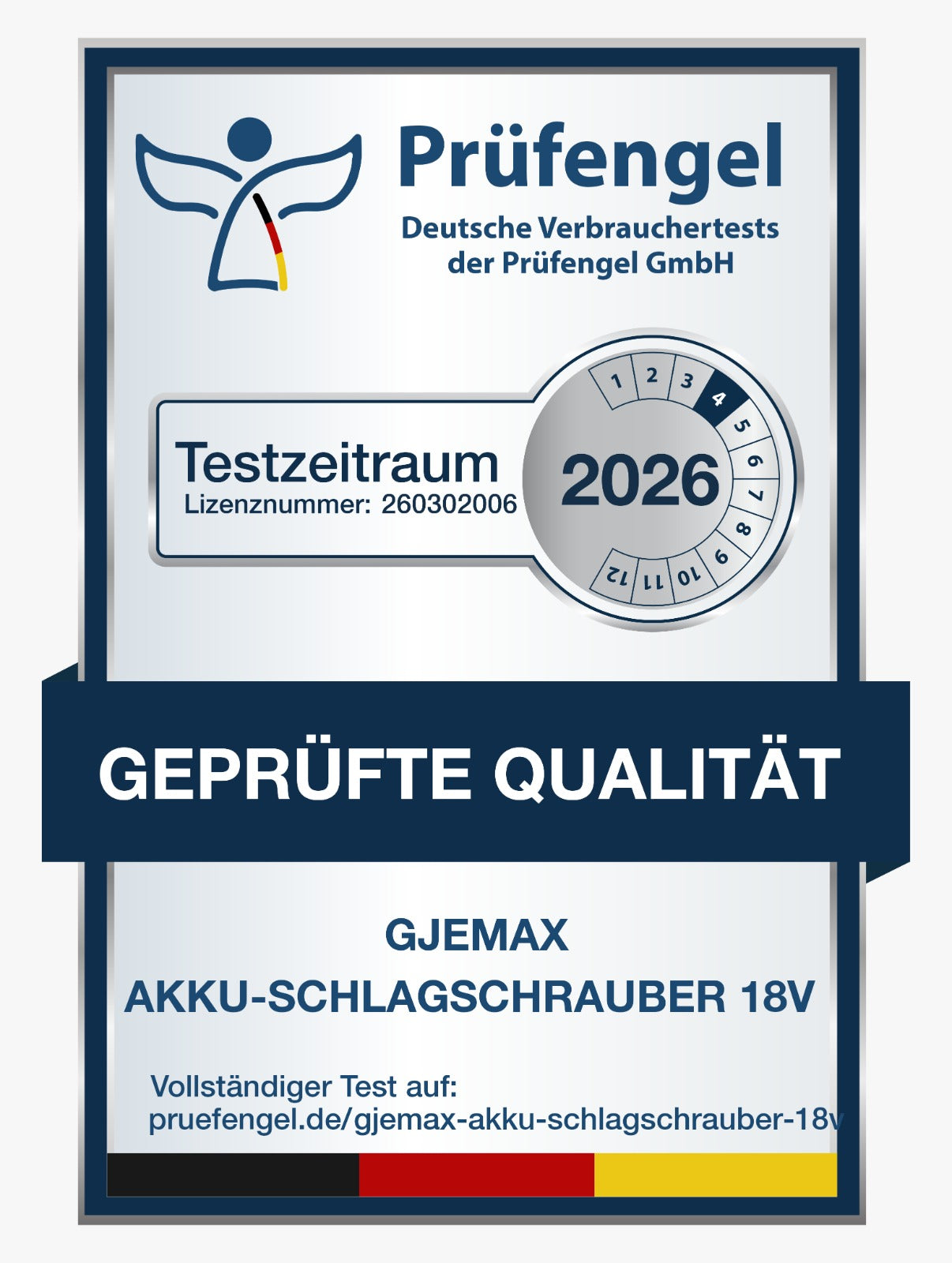 Prüfengel – Geprüfte Qualität · GJEMAX Akku-Schlagschrauber 18V